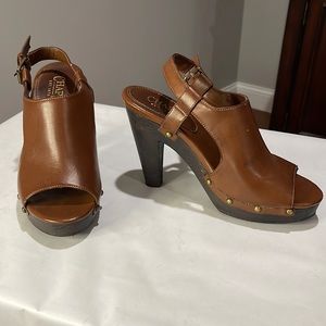 Chaps brown vegan leather peep toe slingback studded heels size 7.5